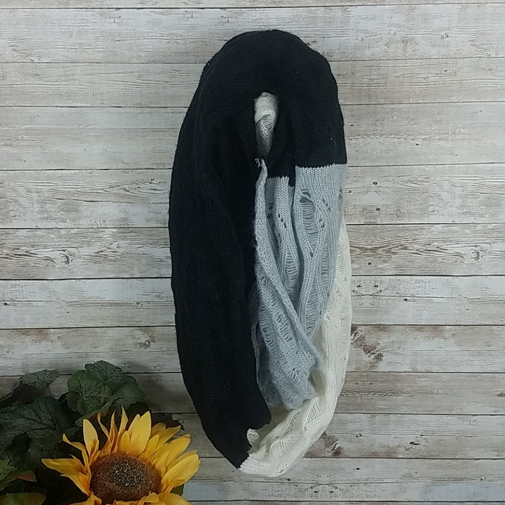 Fashion Scarf, blk, whte and gray infinity scarf.
